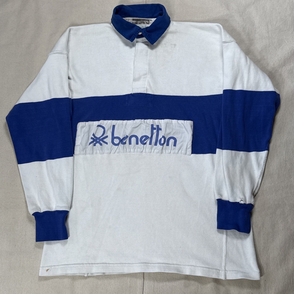 Vintage United Colors of Benetton Rugby Shirt Mens M Blue Long Sleeve 80s Italy